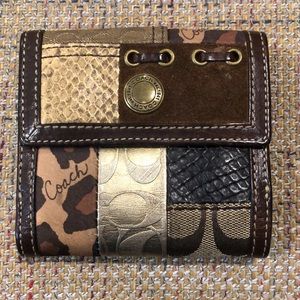 COACH Patchwork Bifold Brown Leather Madras Wallet with Coin Section